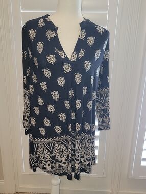 Navy & White Printed V-Neck Tunic Or Dress